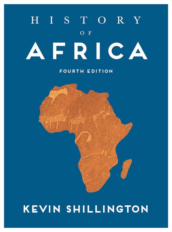 Livre 'History of Africa' avec une image du continent africain, ornée de peintures rupestres, sur fond bleu.