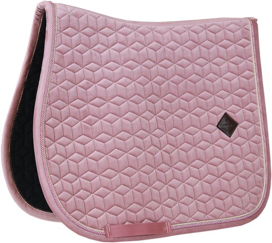 Roze fluwelen zadelonderlegger met 3D-ruitpatroon en bies.