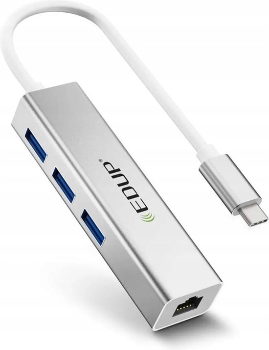 Zilverkleurige USB-C hub met 3 blauwe USB 3.0 poorten en een Ethernet poort, verbonden via een witte USB-C kabel.