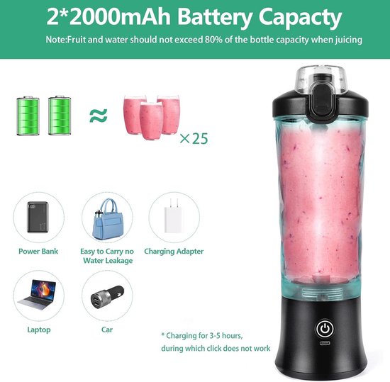 Draagbare Blender Smoothie Maker - 600 ml Mini-Mixer voor Smoothies en Shakes, 4000 mAh USB Oplaadbare Blender voor Kantoor, Camping en Reizen — afbeelding 5