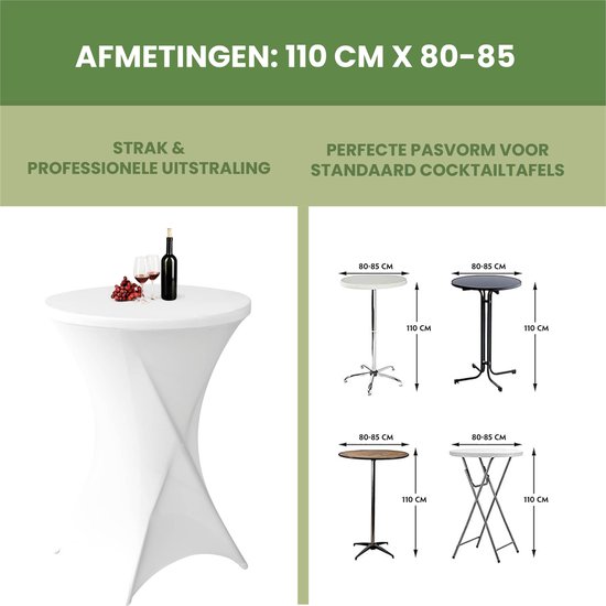 Witte statafelrok met gedraaide onderkant, 110 cm hoog, 80-85 cm diameter, en maatindicaties voor standaard statafels.