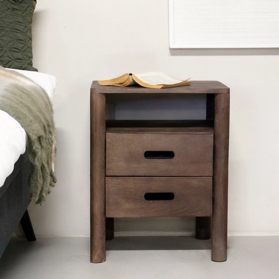 Table de chevet Giga Meubel Doria - Naturel - Bois de manguier - 2 tiroirs - 45x38x57cm