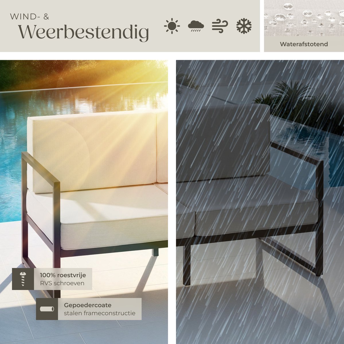 tectake® - Tuin-loungebank Comosa - Voor 2 personen - Tuinbank - 2-zits Loungesofa - Waterafstotende en ultradikke zit-en rugkussens - Draagkracht 125kg per zitplaats - Bruin/beige – foto 4