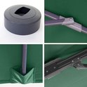 Vier close-ups van de donkergroene parasol: kapje, scharnier, doek doorvoer en frameverbinding.