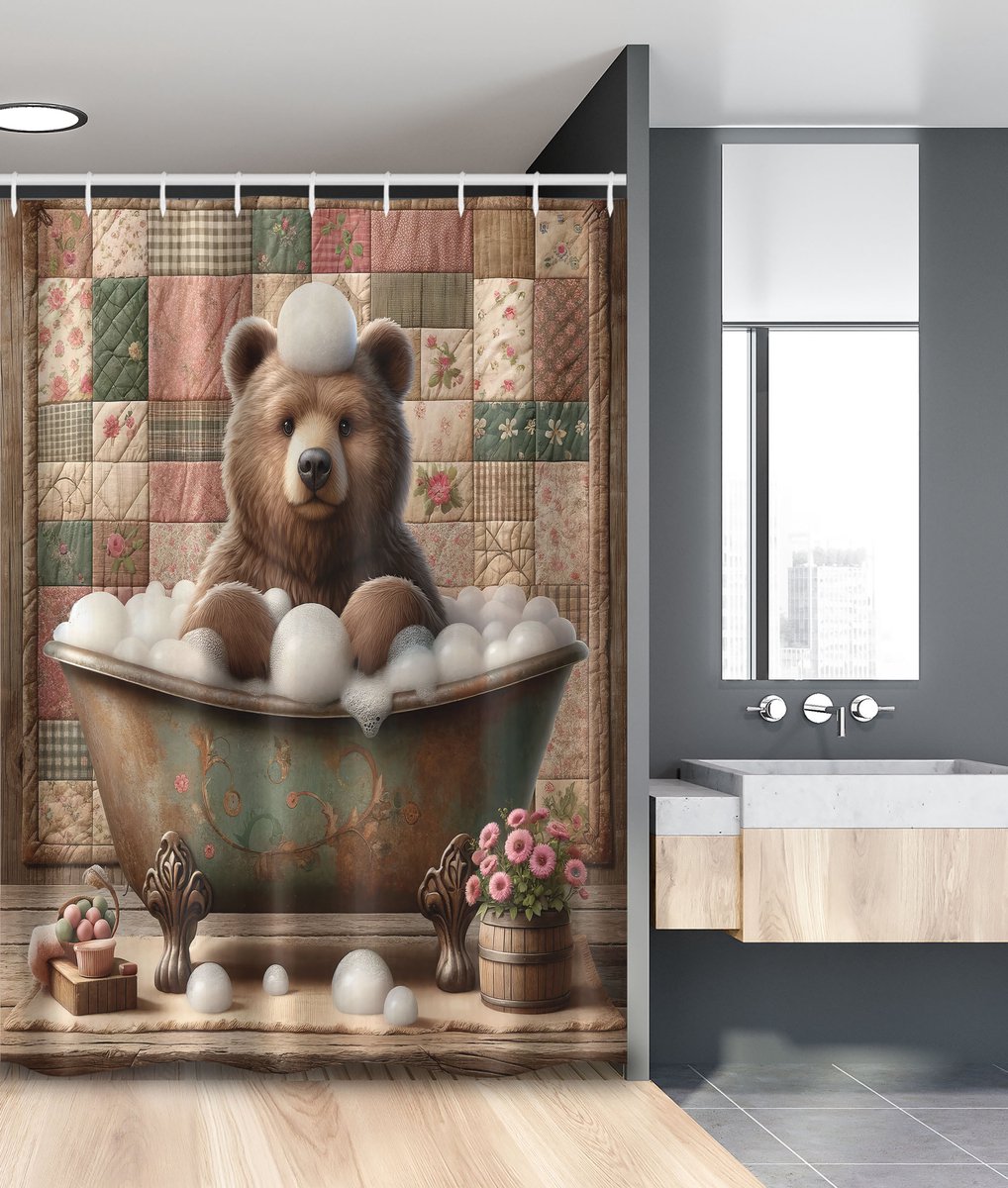 New Bed Rustiek Boerderij Grizzly Beer Bad Douchegordijn Badkamer Decor Set met Haakjes, 120 cm B x 200 cm L