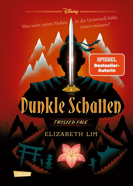 Couverture du livre 'Dunkle Schatten' avec une figure de Mulan, une épée et des éléments de paysage japonais. "Was wäre, wenn Mulan in die Unterwelt hätte reisen müssen?"
