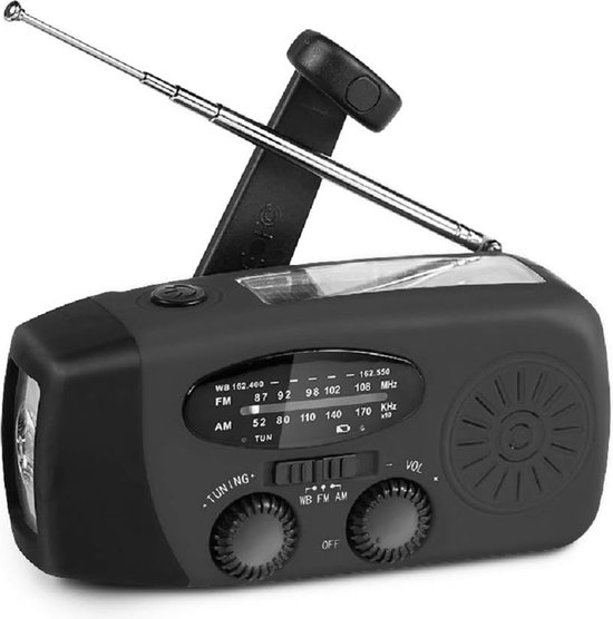 Noodradio - Noodradio Opwindbaar - 2000 mAh - Radio Met Accu Batterij Voor Noodsituaties - Noodpakket - Opwindbaar - Solar - Zaklamp - Powerbank - Noodradio Op Batterijen - Zwart - Voor Rampen/Camping - Draagbare