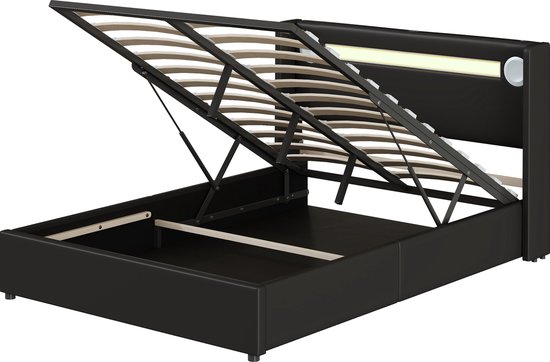 Bed 140x200cm met LED-hoofdeinde, gestoffeerd bed met opbergruimte, opbergbed, linnen, beige