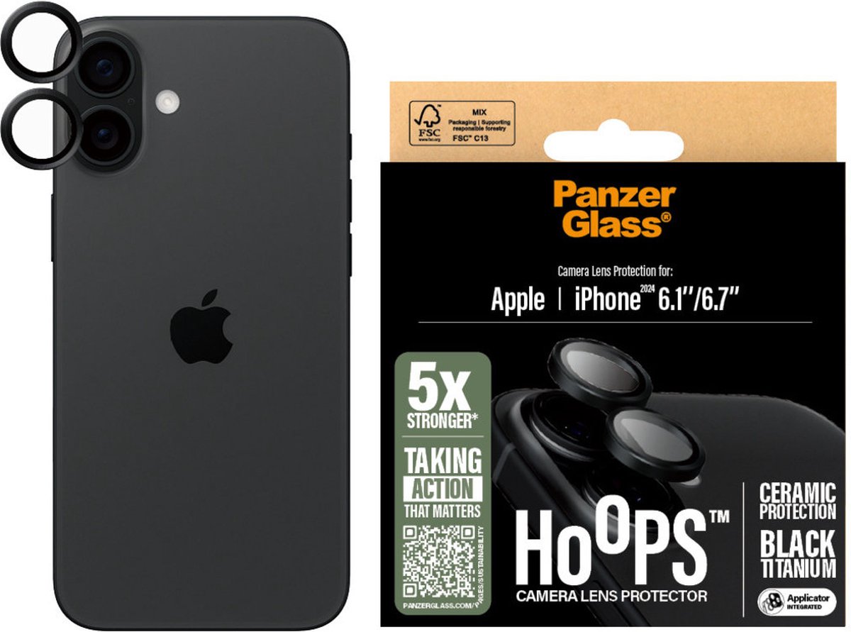 PanzerGlass Screenprotector geschikt voor Apple iPhone 16 Plus Glazen | PanzerGlass Ceramic Hoops Camera Lens Protector - Case Friendly
