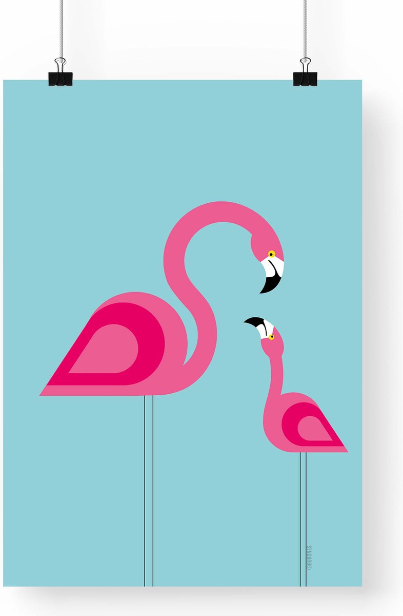 Artprint Flamingo - Abstracte dieren illustratie in A3 formaat - Poster met moeder en kind flamingo