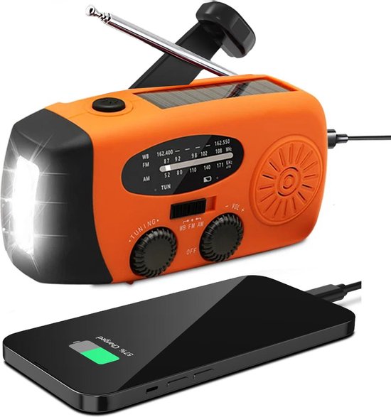 Nood Radio Op Batterijen (Accu) Voor Rampen - Knijpkat - Noodfluit - Radio Opwindbaar - Noodradio - Solar Opwindbaar - Multifunctionele Noodradio - Survival Radio - Zaklamp / Powerbank - Noodpakket - Noodpakket voor Thuis - Draagbare Radio - Oranje