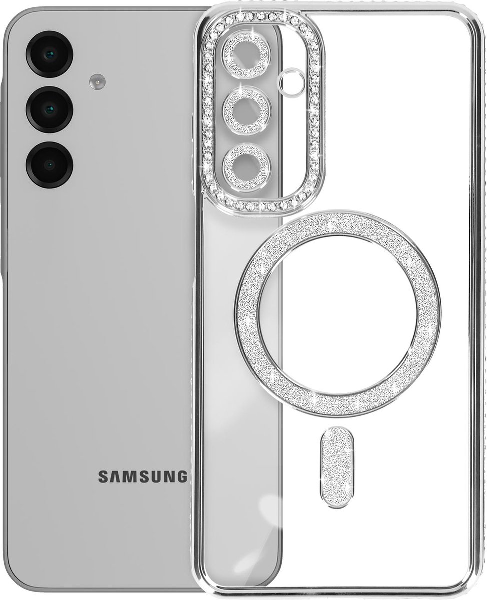 Avizar Diamond Hoesje Geschikt voor Samsung Galaxy A16 MagSafe Omtrek Strass, Zilver