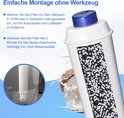 Vergrote doorsnede van een wit waterfilter met blauwe dop, gevuld met actieve kool, naast een kokosnoot.