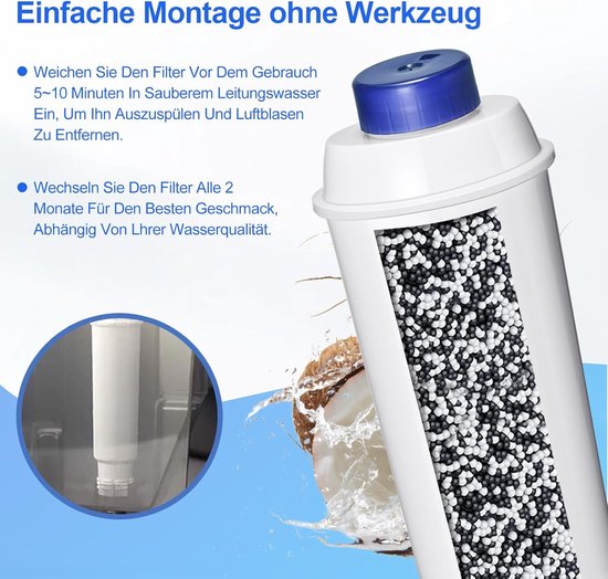 Vergrote doorsnede van een wit waterfilter met blauwe dop, gevuld met actieve kool, naast een kokosnoot.