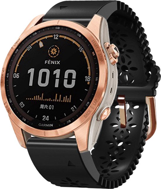 FFO2World QuickFit 20mm Siliconen Horlogebandje met Elegant Uitgehold Bloemenpatroon - Zwart - Compatibel met Garmin Fenix8 43MM/7S/7S Pro/7S Solar/7S Sapphire Solar/6S/6S Pro/5S/5S Plus/Instinct 2S/Descent MK3 43MM/Descent MK3i 43MM/Epix Pro 42MM