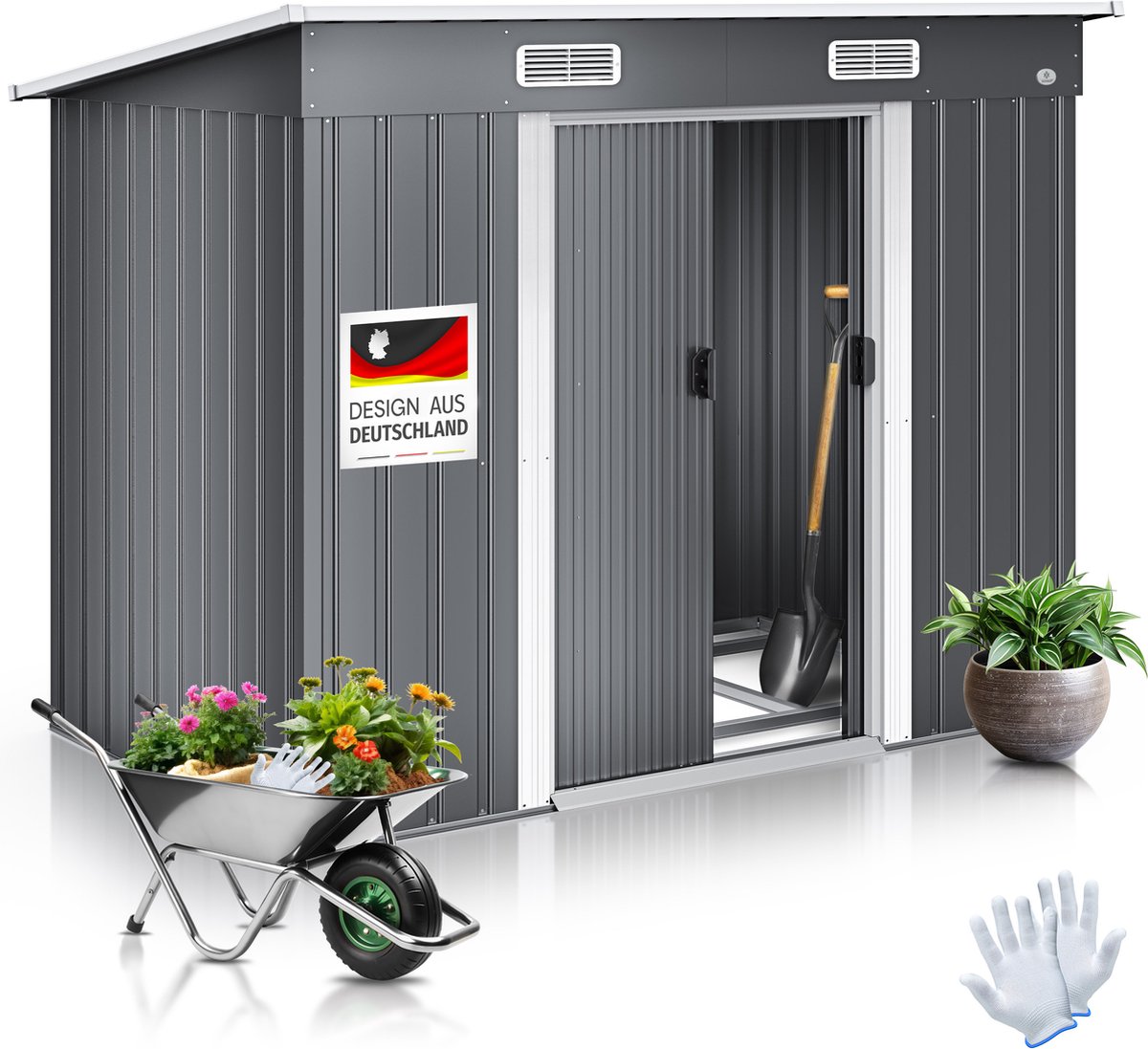 KESSER® Metalen Tuinhuis 2,34m² Tuinschuur 210x122x186cm | Metaal Tuinhuisje met Fundering en Schuifdeuren | Tuinkast voor Gereedschappen | Gereedschapskast Gereedschapsschuur - Grijs