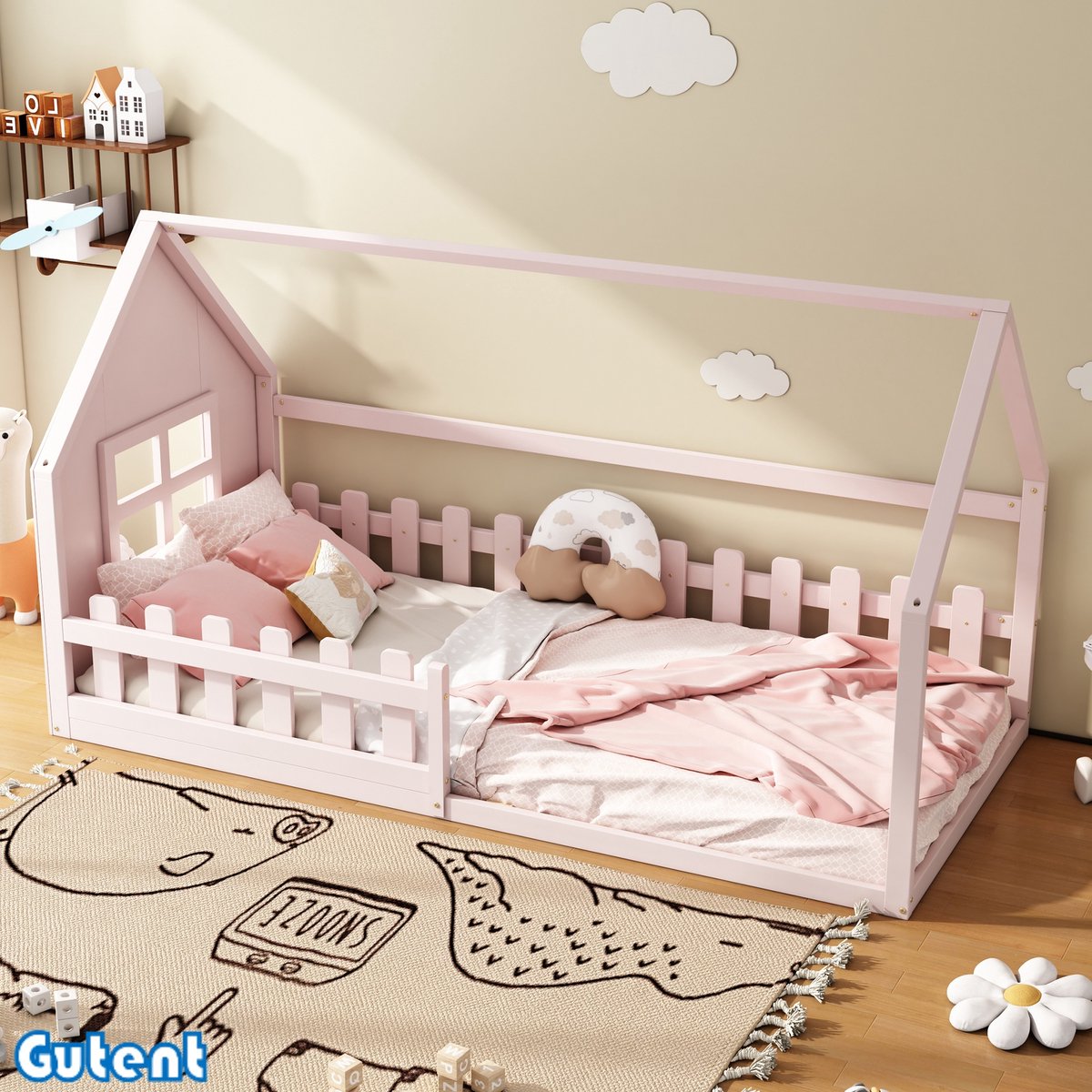 Gutent Kinderbed-90*200 cm-Huis lijst-rails-Pine-Roze-Geen matras