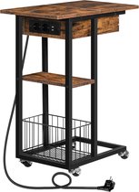 TRANKIELO® - Table d'appoint polyvalente avec station de charge intégrée - Table de canapé roulante avec étagères de rangement - Jolie table de chevet marron foncé pour salon et chambre à coucher