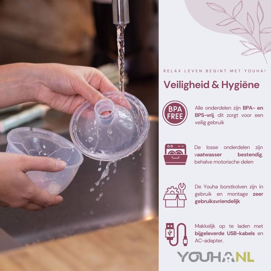 Wassen van een borstkolfonderdeel onder de kraan. Tekst: BPA-vrij, vaatwasserbestendig, gebruiksvriendelijk, makkelijk op te laden.