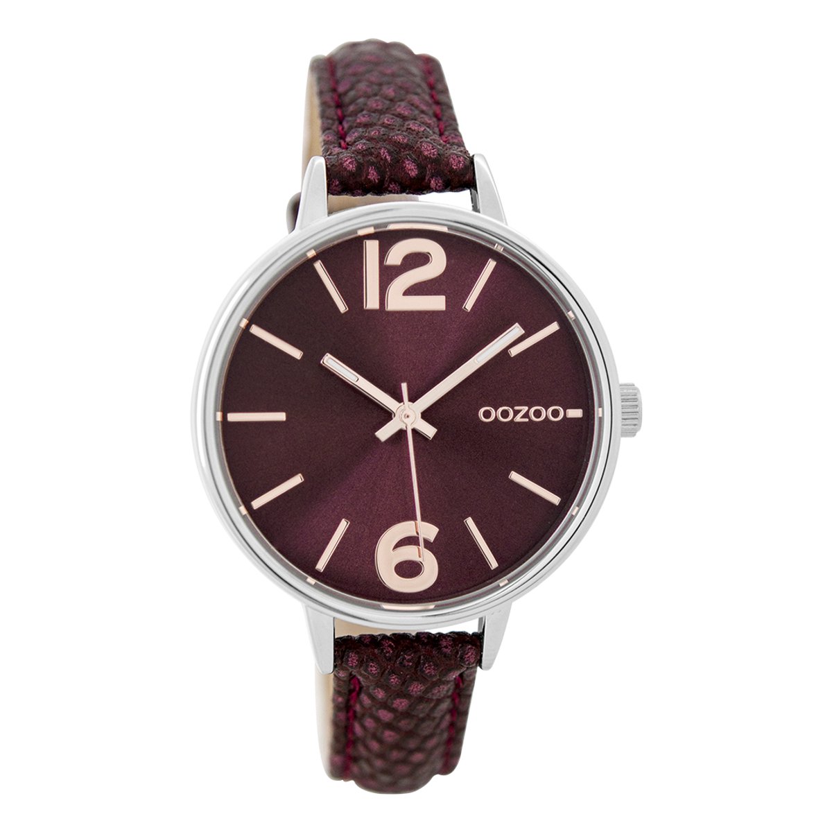 OOZOO Timepieces - Zilverkleurige horloge met bordeaux rode leren band - C9482