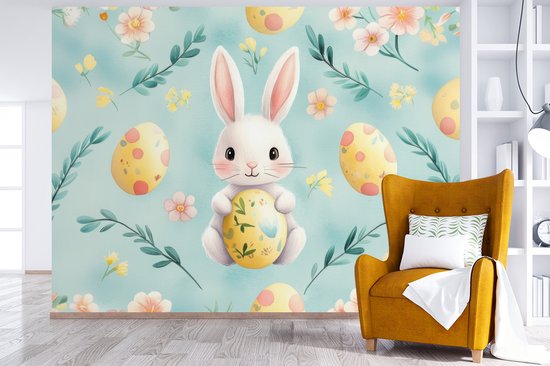Behang - Fotobehang Konijn - Eieren - Takjes - Breedte 375 cm x hoogte 280 cm