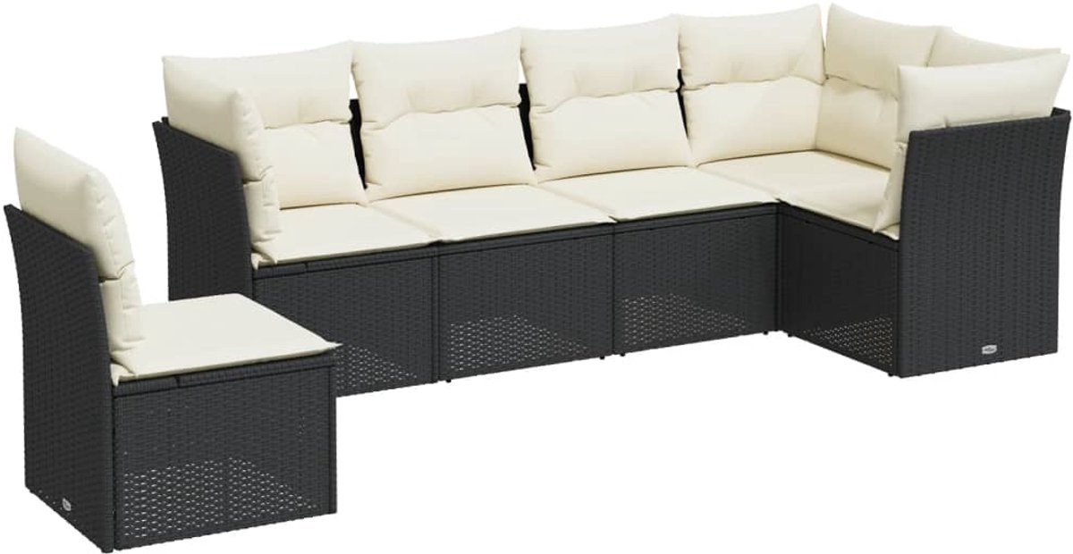 The Living Store 6-delige Loungeset poly rattan zwart met kussens.