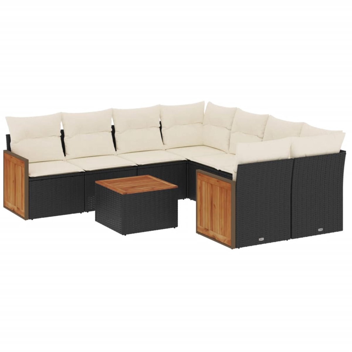 Zwart poly rattan loungeset met kussens voor buiten.