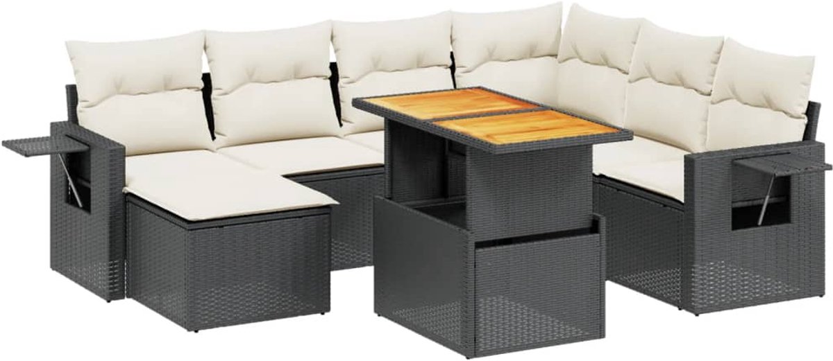 The Living Store 8-delige Loungeset met kussens poly rattan zwart - Loungebank - Tuinset - Lounge Set - Tuinmeubels - Outdoor Furniture