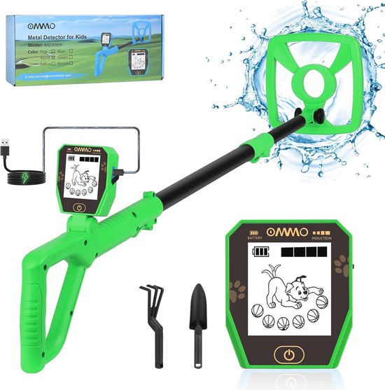 Aufun Metaaldetector kinderdetector, met lcd-display en precisiefunctie, incl. batterij, draagtas, schep, voor kinderen en beginners voor het zoeken naar schatten