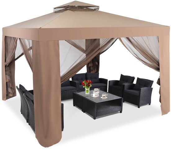 COSTWAY 3x3m paviljoen pergola prieel partytent weerbestendig UV-bescherming - met 4 klamboe zijpanelen dubbel dak