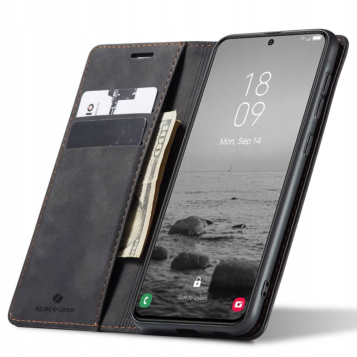Spacecase Portefeuille Case Galaxy S23+ Zwart Lederen Case