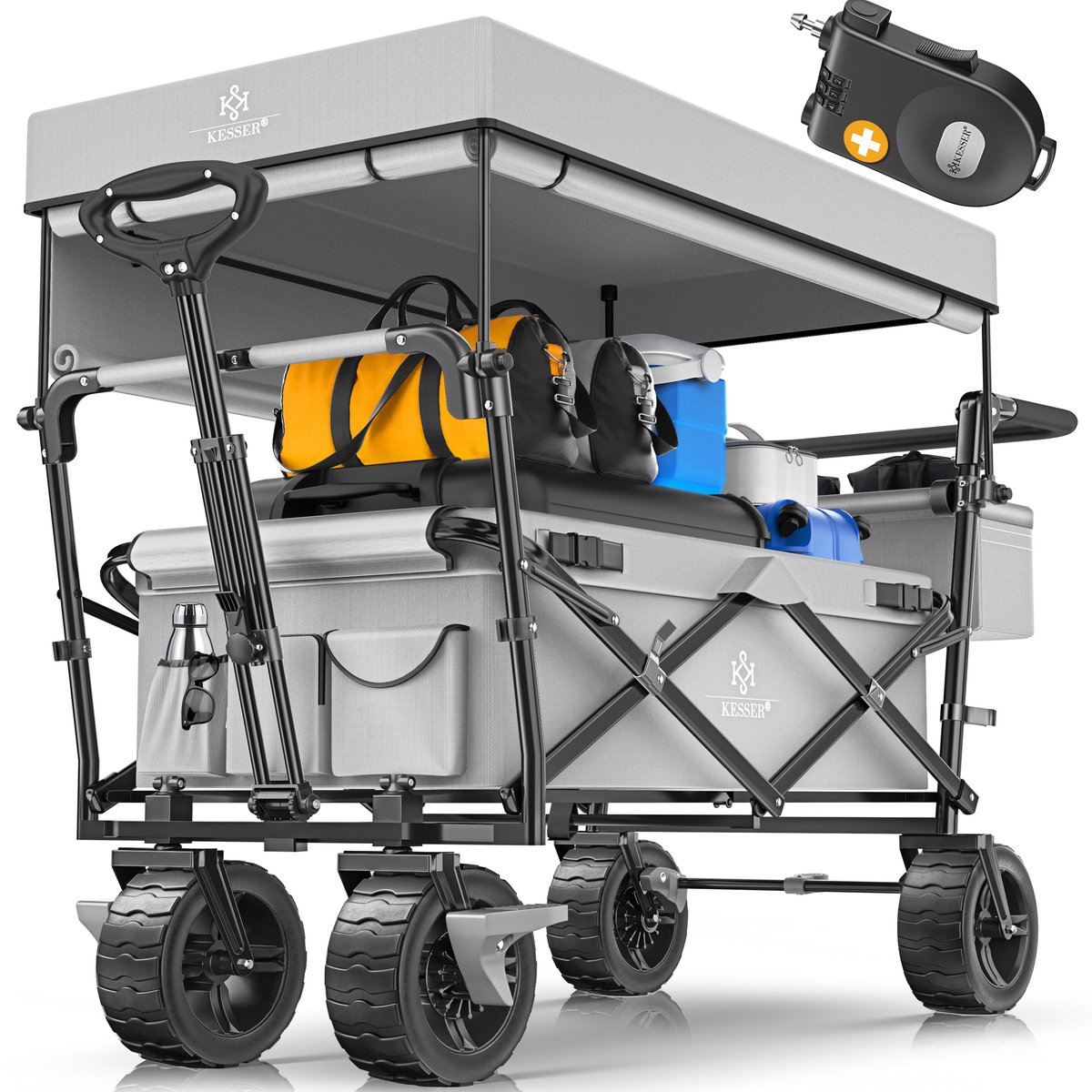 KESSER® Bolderkar opvouwbaar Bolderwagen GT9000 met dak Strandkar | incl. 2x 3-punts gordelsysteem | massief rubberen banden | tot 80 kg | rem voor en achter | + draagtas - Grijs