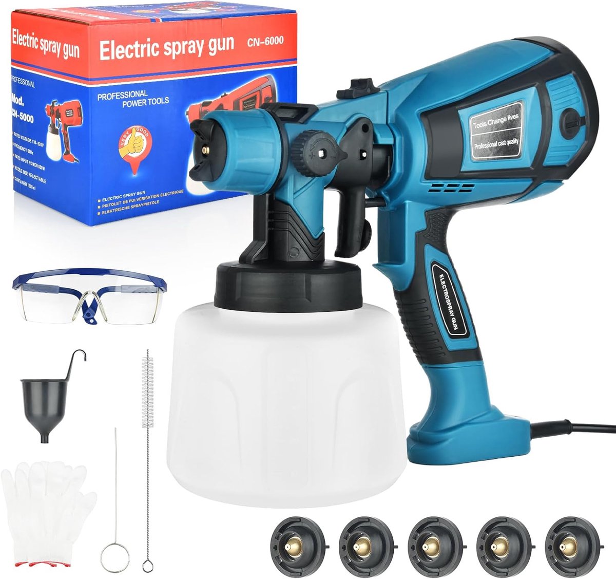 Elektrisch verfspuitpistool 800W met 1400ml container en 5 spuitmonden