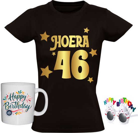 46 jaar Dames T-shirt + Koffiemok + Happy birthday bril - goud - verjaardag - shirt