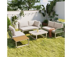 Sweiko Tuin Loungeset - 4-5 zits - met tafel - Groen lederen rotan - met zitkussen en kussens - Beige