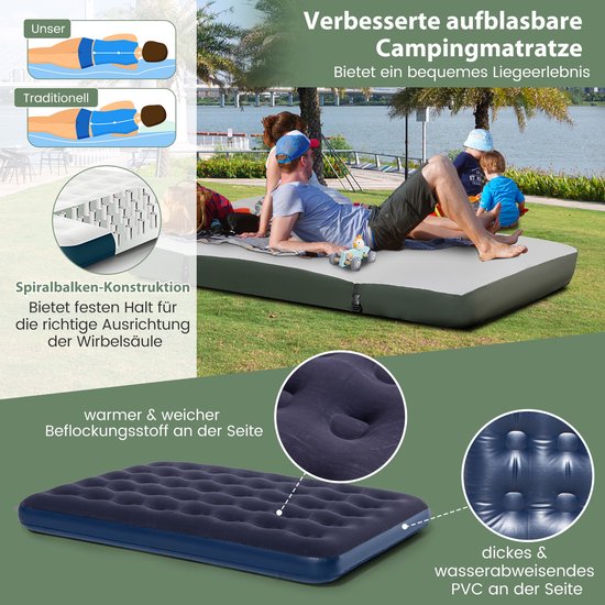 COSTWAY Veldbed met tent voor 2 personen, campingbed met voortent, luchtmatras, slaapzak en 2 kussens, campingligstoel met draagtas op wielen, 194 x 145 x 187 cm van Costway — afbeelding 2