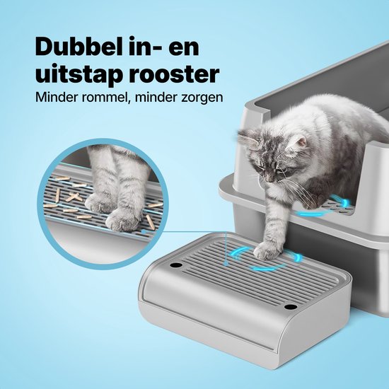 Jake and Jacky RVS Kattenbak - Kattentoilet Roestvrijstaal - Incl. Kattenbakschep met Houder en Gritopvang Opstapje - 2 in 1 Open Kattenbak met Afneembare Deksel - 60x40x38cm - Grijs