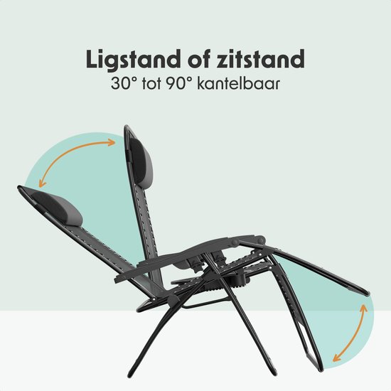 LifeGoods Ligstoelen Comfort - Opvouwbaar - 30°-90° Verstelbaar - Beker en Telefoonhouder - Tuinstoelen - Zwart van LifeGoods — afbeelding 4