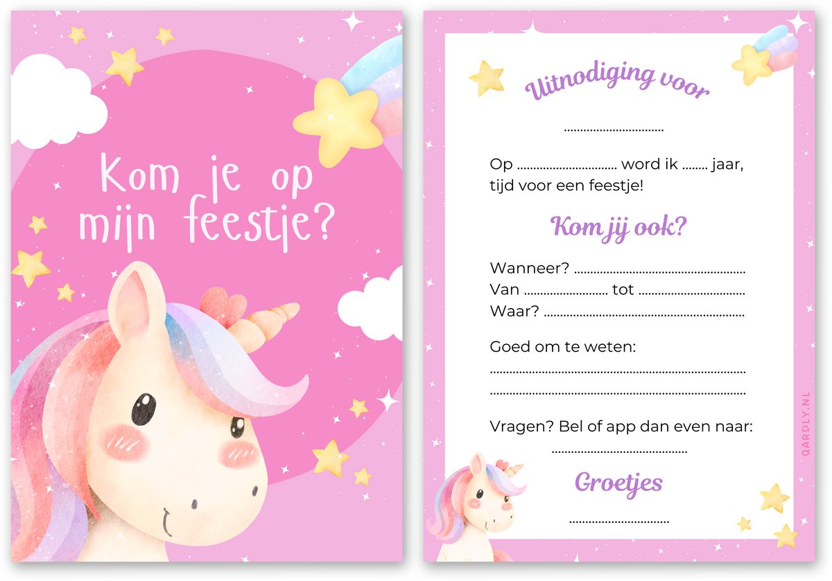 Uitnodiging kinderfeestje unicorn - 10 stuks - Uitnodiging verjaardag - Inclusief enveloppen - Uitnodiging eenhoorn feestje