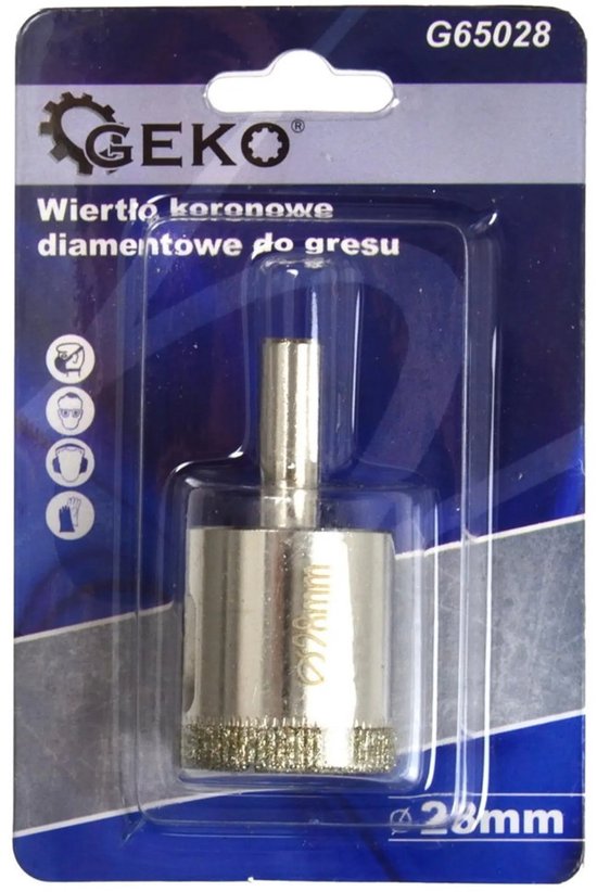 GEKO diamantboor voor tegels, 28mm, in verpakking met tekst 'Wiertło koronowe diamentowe do gresu'.