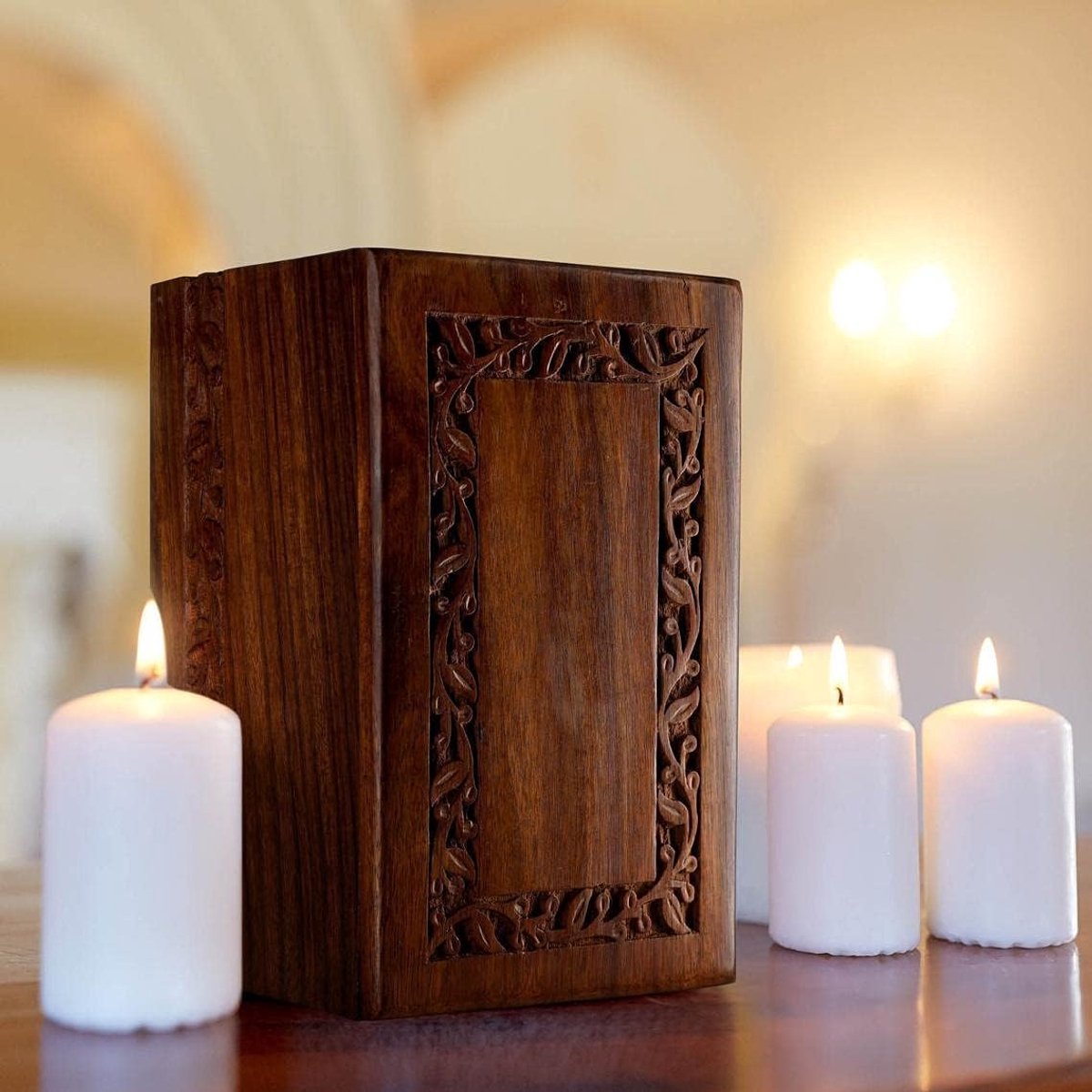 SOULURNS Grens gegraveerde palissander crematie-urn voor menselijke as grote 60 kubieke inch decoratieve houten urnen herdenkingsurn begrafenisurnen voor volwassenen houten urn voor mannen vrouwen
