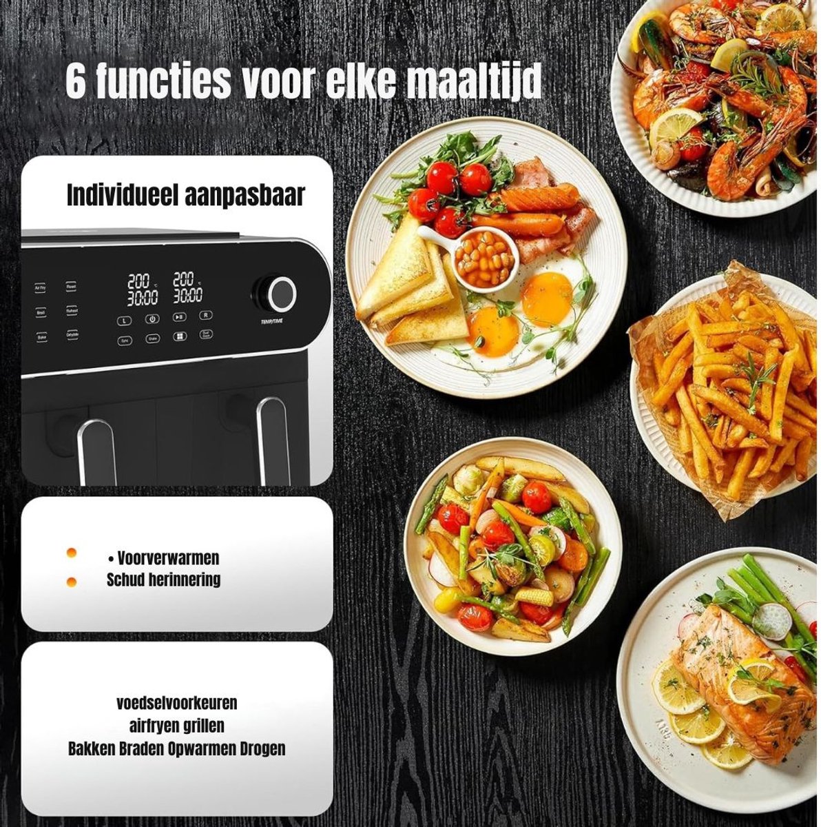 Afbeelding 2 van Zylo® Dubbele Airfryer - Heteluchtfriteuse - Duo Airfryer - 11 L - 38x28x31cm - Zwart