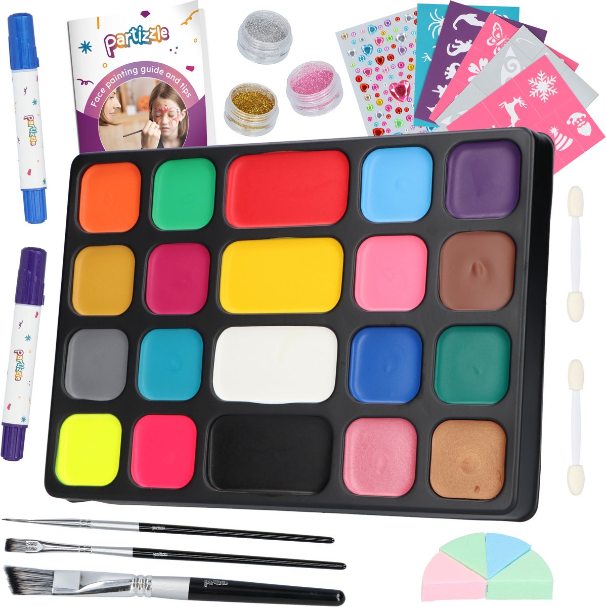 Partizzle Schminkset op Waterbasis - Schmink Boek en Sjabloon Set - Penselen, Sponsjes, Haarkrijt, Bio Glitters - Halloween Kinderen - 20 Kleuren