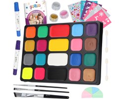 foto van Partizzle Schminkset op Waterbasis - Schmink Boek en Sjabloon Set - Penselen, Sponsjes, Haarkrijt, Bio Glitters - Koningsdag Kinderen - 20 Kleuren