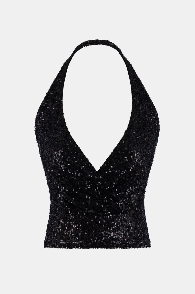 Blouse femme noire à sequins V-col dos détail