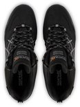 Boven- en zijaanzicht van een paar zwarte wandelschoenen met grijze veters en logo.