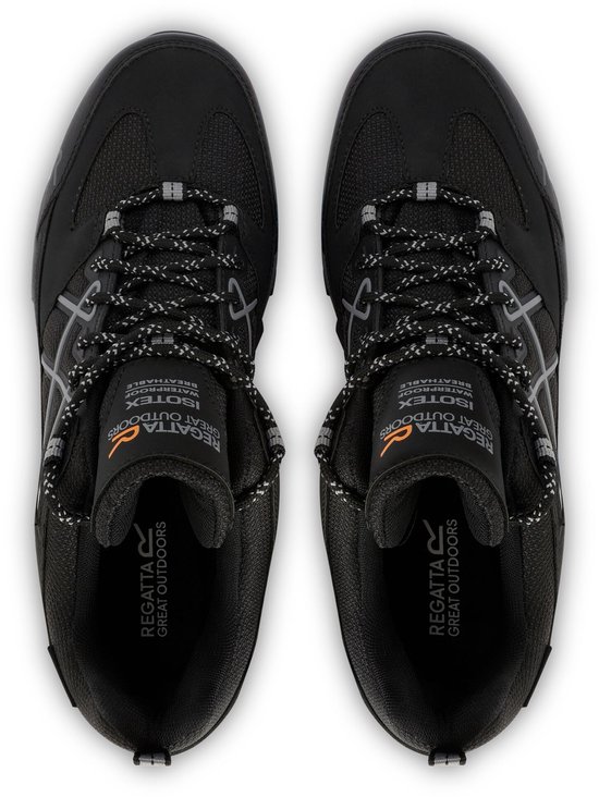 Boven- en zijaanzicht van een paar zwarte wandelschoenen met grijze veters en logo.