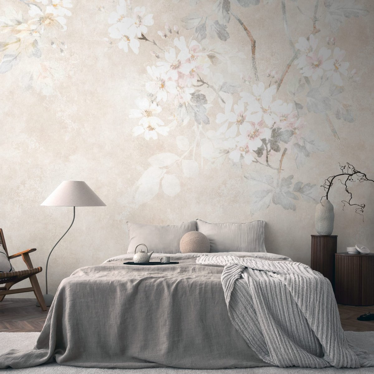 Fotobehang Profhome 399191-GU vliesbehang hardvinyl warmdruk in reliëf glad met bloemen patroon mat beige crèmewit grijs wit 3,71 m x 2,8 m