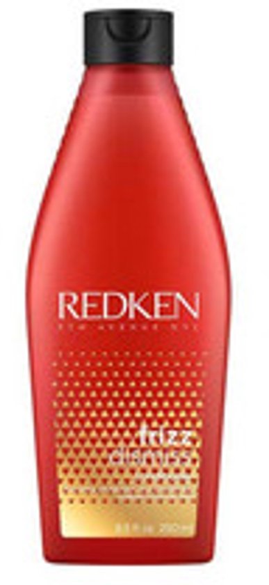 Après-shampooing Redken Frizz Dismiss dans un flacon rouge vif avec un motif géométrique doré.