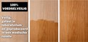 Drie houten oppervlakken. Links: '100% voedselveilig'. Midden: hout behandeld met olie. Rechts: behandeld hout.